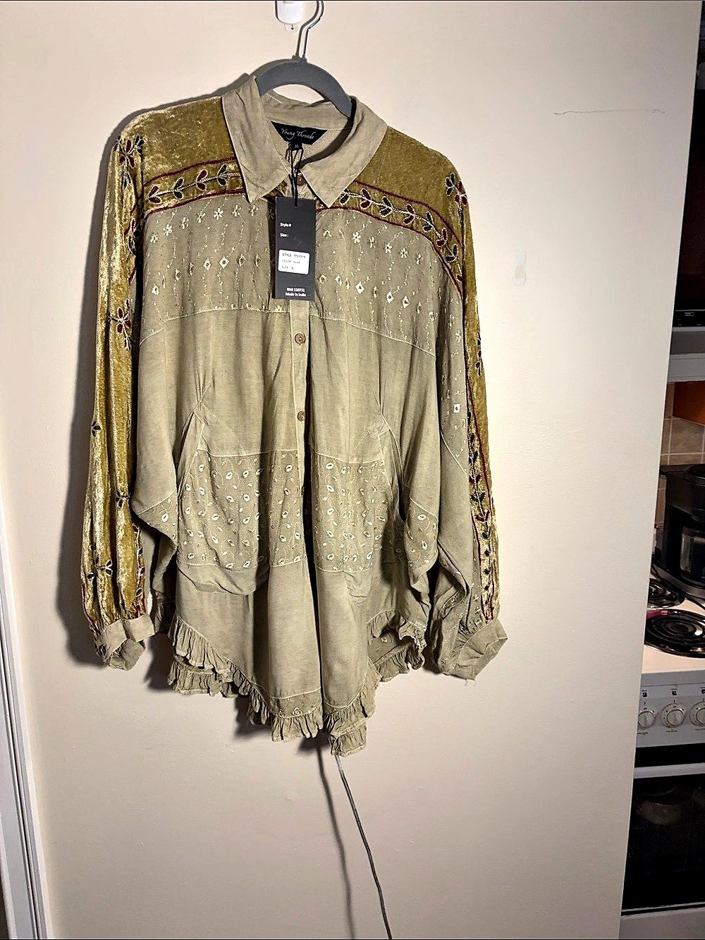 Young Threads Velvet & Georgette Patchwork Peasant Top Embroidered Floral Blouse